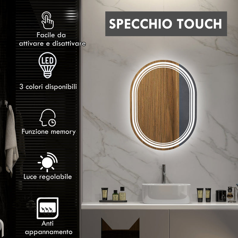 Specchio Con Luce A LED 60x60 Cm Asimmetrico - Interruttore Touch, 3 Colori Regolabili, Anti-Appannamento Per Bagno