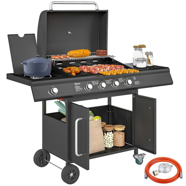 sconto Barbecue a Gas con Fornello Laterale 129,5x56x110 cm Tavolino e Armadietto in Acciaio e PP Nero