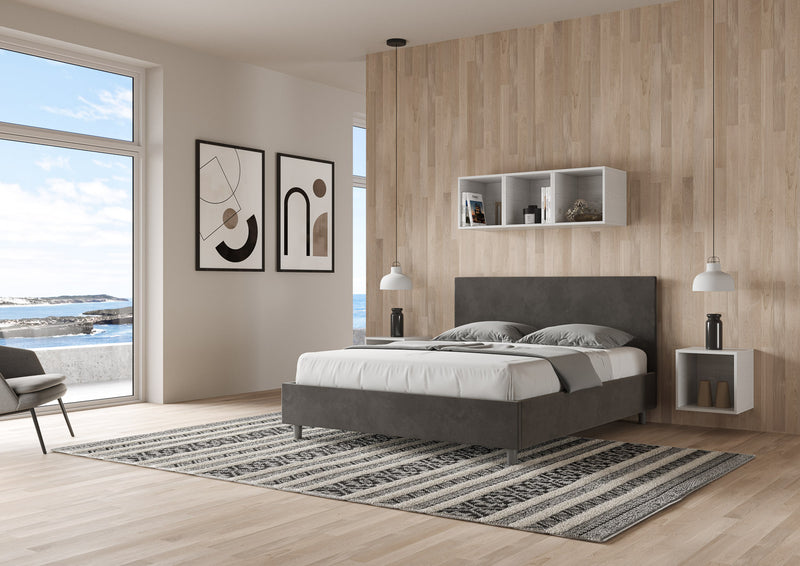 Letto Matrimoniale Giroletto con Alzata Comoda Imbottito in Microfibra Adele Grigio Varie Misure