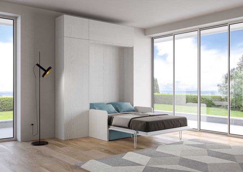 Letto Matrimoniale Francese A Scomparsa 140 Kentaro Con Divano E Mobili Bianco Frassino e Azzurro      