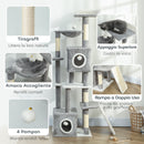 Albero Tiragraffi per Gatti 48x40x165 cm con 2 Casette Rampa Trespoli in Peluche e Sisal Grigio e Bianco      