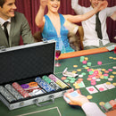 Set Poker per 9-10 Giocatori con 500 Fiches 2 Mazzi di Carte e 5 Dadi con Valigetta in Alluminio e Poliestere Argento