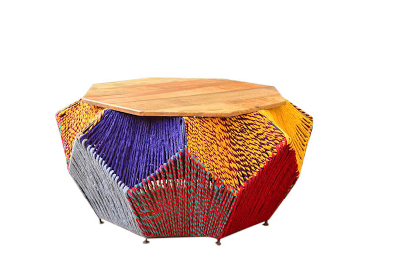 Pouf Etnico in Metallo e Legno Muticolor