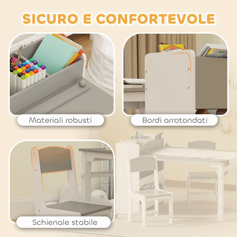 Set Tavolo e 2 Sedie per Bambini con Vani Contenitore 102,5x58x64 cm in Legno e Tessuto non Tessuto Grigio e Bianco  