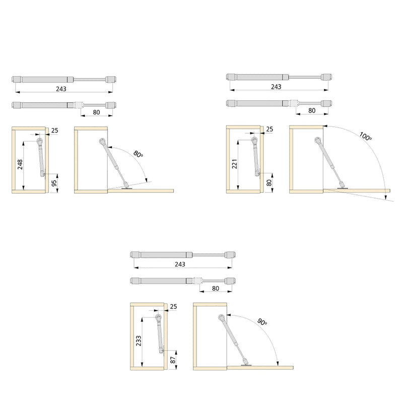 Pistone a Gas per Ante a Ribalta Forza 6 Kg Corsa 80 mm Grigio Metallizzato 10 Pezzi Emuca