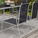 Set Tavolo con Top in Vetro 6 Sedie Impilabili da Giardino in Acciaio e Textilene Nero