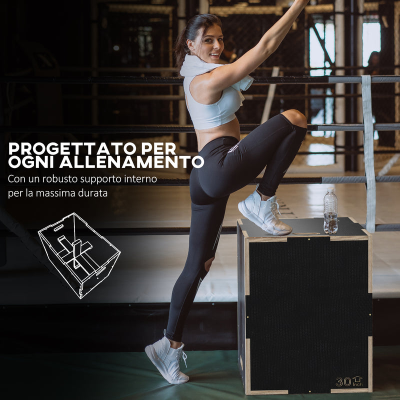 Box Jump Pliometrico a 3 Altezze 76-61-51 cm in Legno Antiscivolo Nero