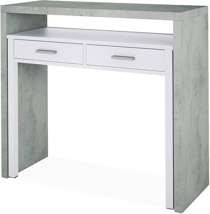 Scrivania Consolle Estensibile 99x36/70x88 cm 2 Cassetti Bianco e Cemento