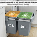 Pattumiera Estraibile Sottolavello per Differenziata 52x33.5x41 cm con 2 Secchi da 20L In PP e ABS Grigio      