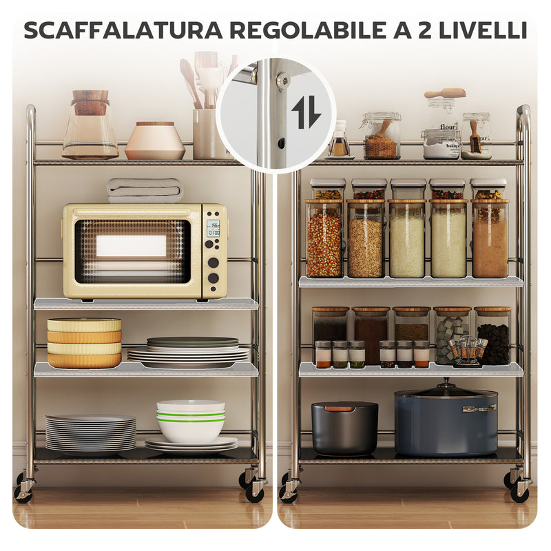 Carrello da Cucina Multiuso a 4 Livelli 60x35x100 cm in Acciaio Inox   