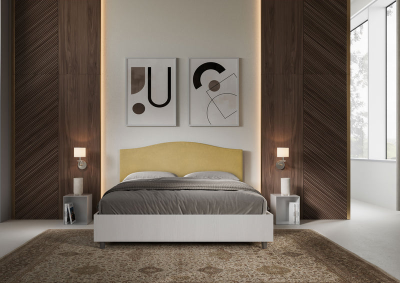 Letto Matrimoniale con Rete e Contenitore Alzata Comoda Struttura Bianco Frassico e Testata in Microfibra Grace Ocra Varie Misure