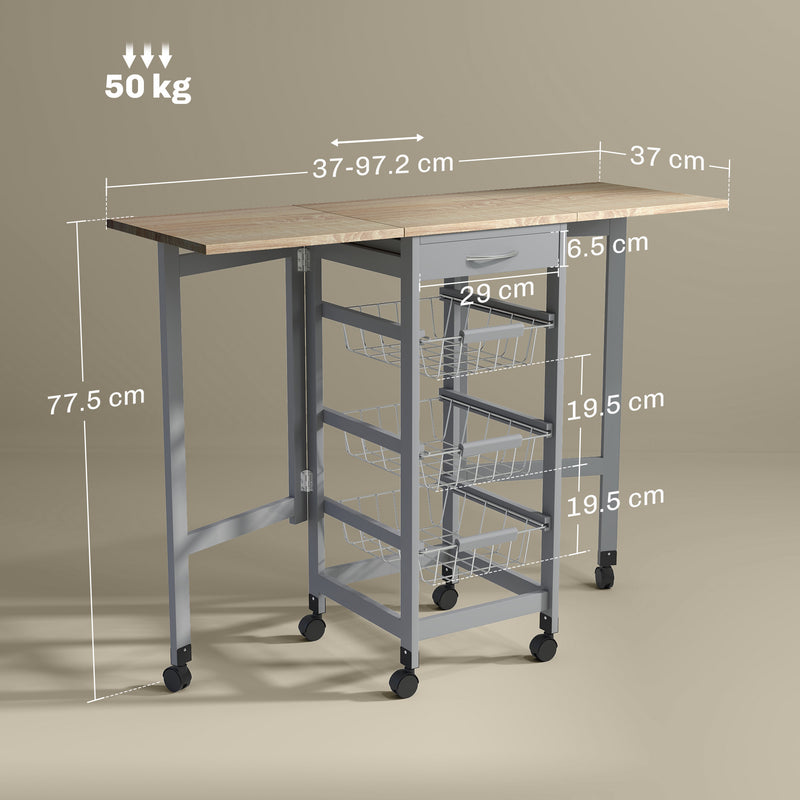 Carrello da Cucina 37x37x77,5 cm con 3 Cestini e 2 Ribalte in Legno e Metallo Grigio e Rovere  
