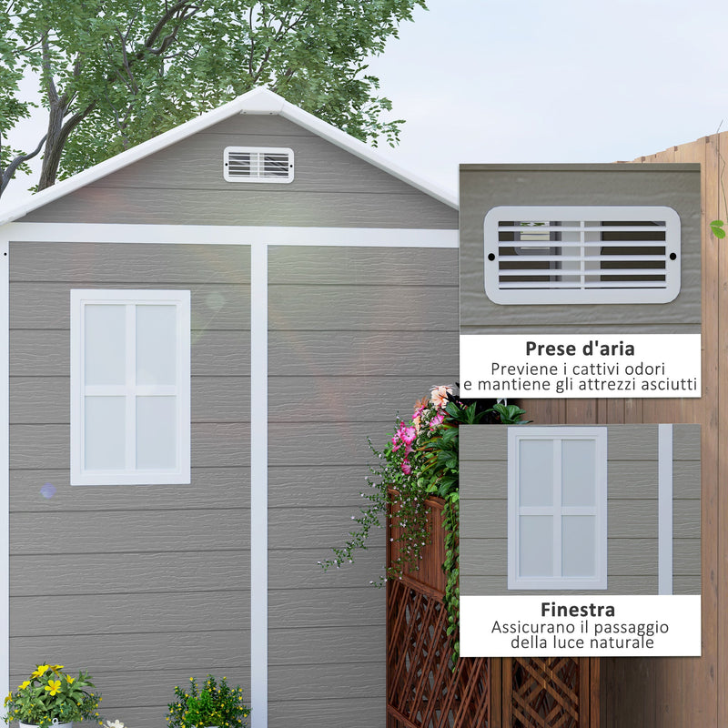 Casetta Box da Giardino 180x180 cm con Pavimento 2 Porte con Blocco e Finestra in Resina Grigio  