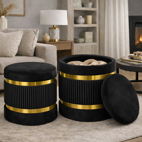 acquista Set 2 Pouf Contenitore Ø 38x44 cm e Ø 31x38 cm con Rivestimento Velluto Nero