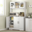 Mobile Dispensa 108x35x180 cm con 4 Armadietti 2 Ripiani Aperti e Piano da Lavoro in Legno e Vetro Bianco      