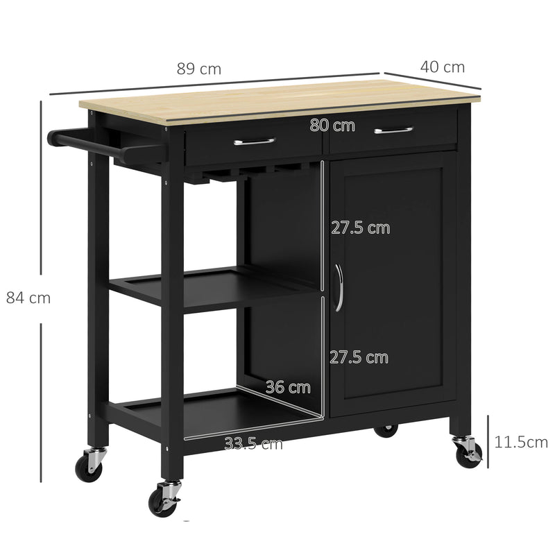 Carrello da Cucina Salvaspazio 89x40x84 cm con Cassetti Ripiani e Ruote in MDF e Legno Nero 