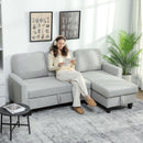 Divano Letto 3 Posti 197x129x85 cm con Chaise e Spazio Contenitore in Tessuto Effetto Lino Grigio e Nero      