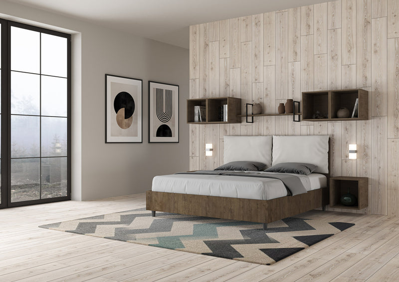 Letto Matrimoniale con Alzata Comoda Struttura Noce con Cuscini in Similpelle Antea Bianco Varie Misure