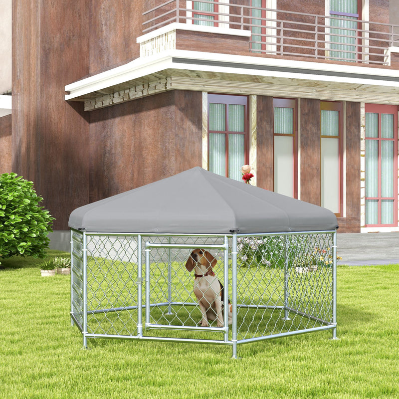 Recinto per Cani Taglia Grande 2,1x1,85x1,2m Tetto in Tessuto Oxford Anti UV Argento e Grigio