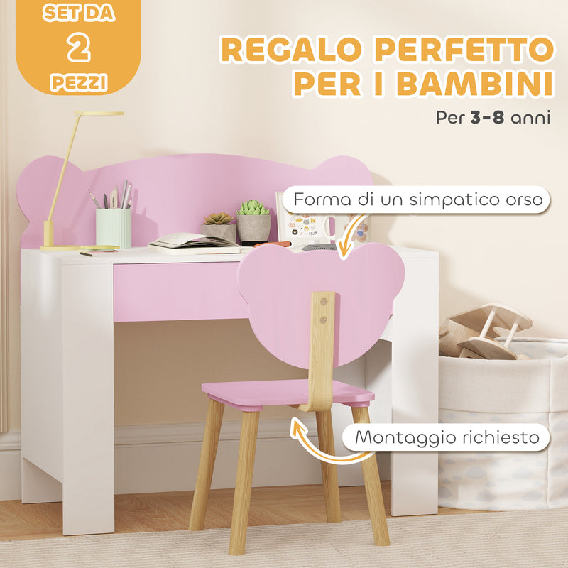 Banco Scuola con Sedia per Bambini Schienale a Orsetto Età 3-8 Anni in MDF e Legno Rosa   