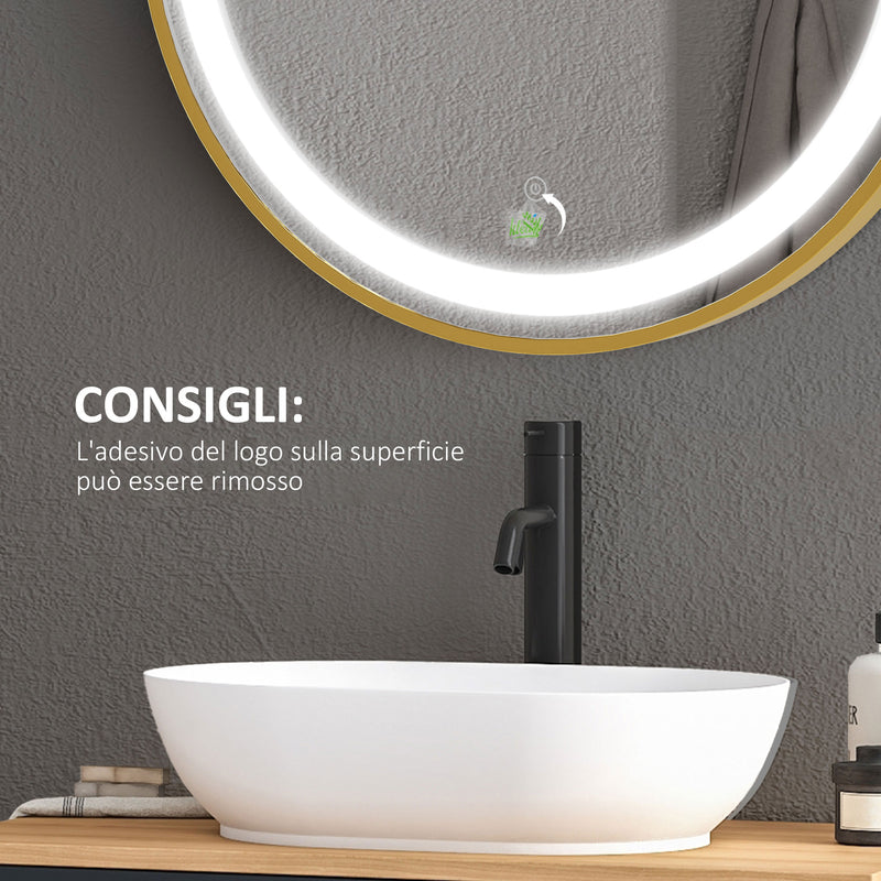 Specchio da Bagno con Luce LED 3 Tonalità e Funzione Memoria Ø60 cm Telaio in Alluminio Oro  