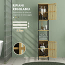 Mobiletto Bagno a Doghe con 2 Ripiani Aperti e 2 Armadietti 32x30x172 cm in MDF e Bambù Nero e Color Legno