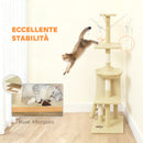 Albero Tiragraffi per Gatti 60x35x134 cm con Casetta Trespolo Piattaforme e 4 Topolini Appesi in Truciolato e Sisal Beige      