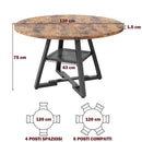 Tavolo per Sala da Pranzo Tondo Ø120 cm Stile Industrial con Ripiano Effetto Legno      