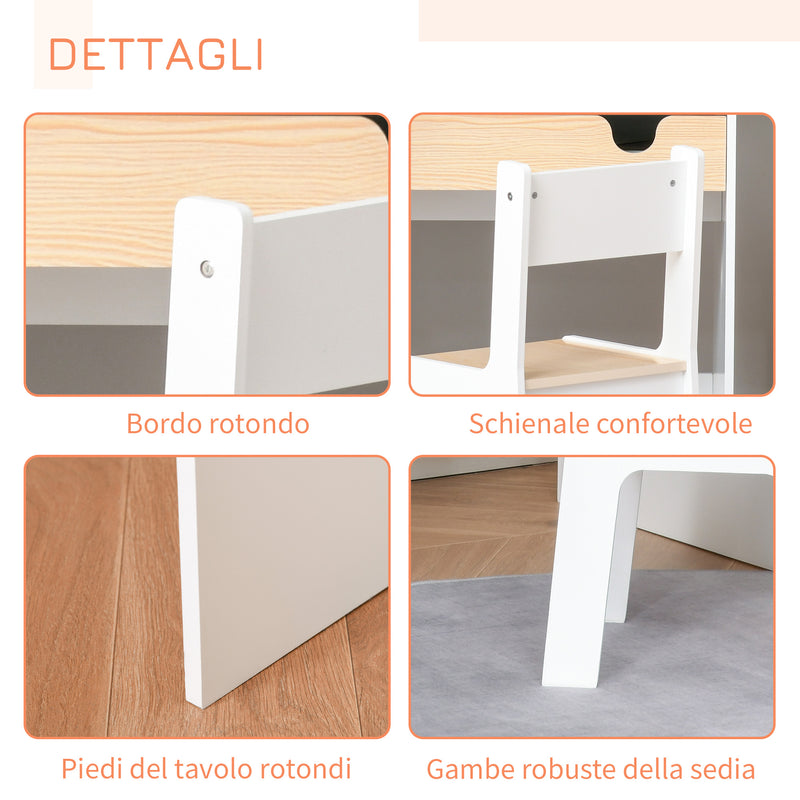 Set Scrivania e Sedia per Bambini con Cassetto e Scaffale in MDF Bianco e Legno      