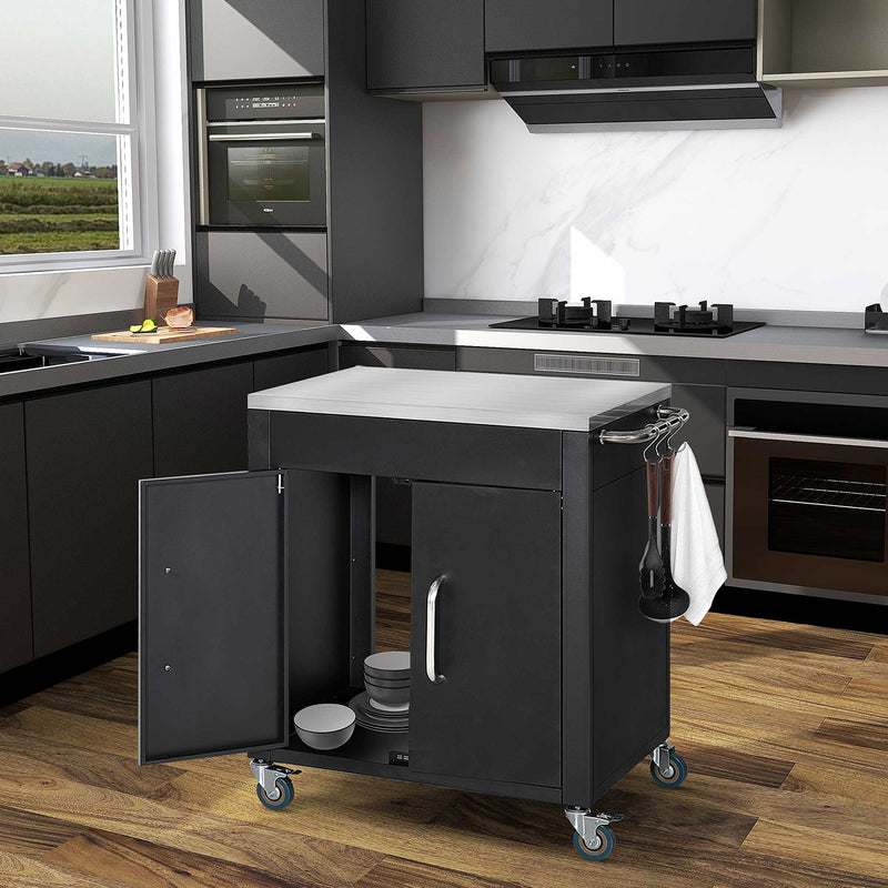 Carrello da Cucina Piano in Acciaio Inox 86x50x86.5 cm Armadietto con Struttura in Metallo Nero   