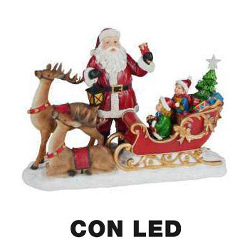 acquista Pupazzo Babbo Natale in Resina con Led con renna e slitta rosso cm 38,5x17,5xh27