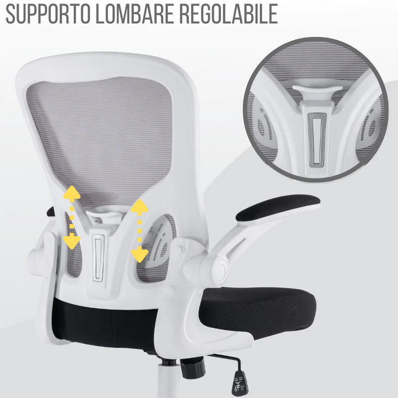 Sedia Operativa da Ufficio 62x63x105 cm Ergonomica con Braccioli Pieghevoli Bianco 