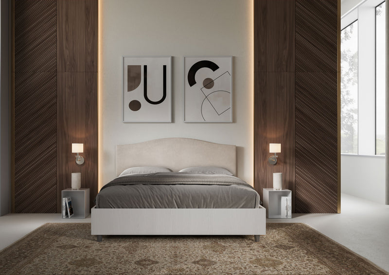 Letto Matrimoniale con Rete e Contenitore Alzata Comoda Struttura Bianco Frassico e Testata in Microfibra Grace Sabbia Varie Misure
