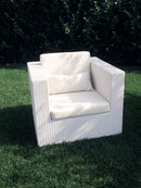 Set Salotto da Giardino Divano 2 Poltrone e Tavolino con Cuscini in Wicker Bianco