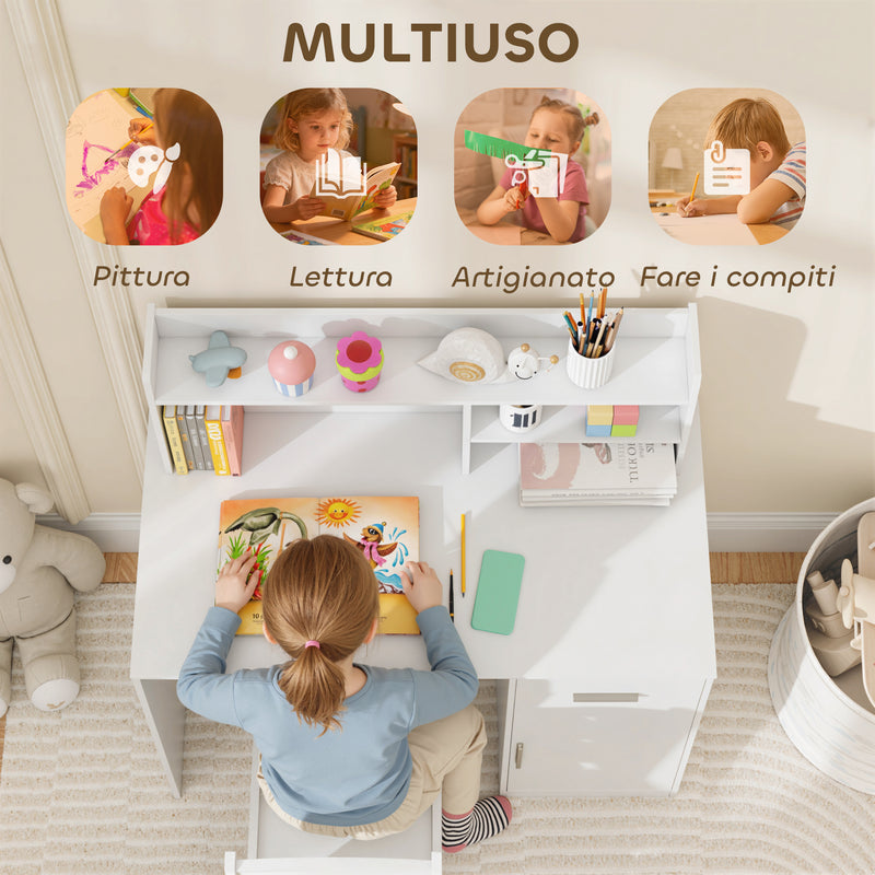 Set Scrivania e Sedia per Bambini con Scaffali Armadietto Cassetto in MDF Bianco      