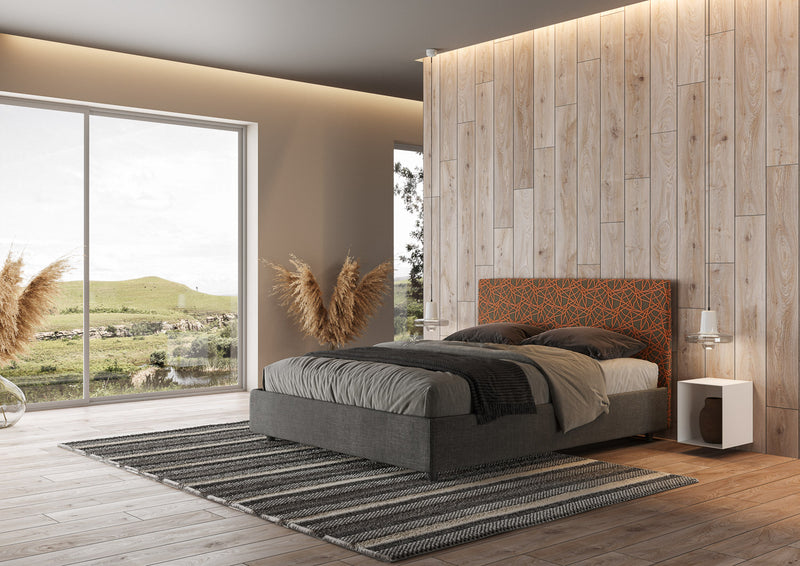 Letto Matrimoniale con Testata e Alzata Comoda Imbottito in Tessuto Labirinto Arla Arancio Varie Misure