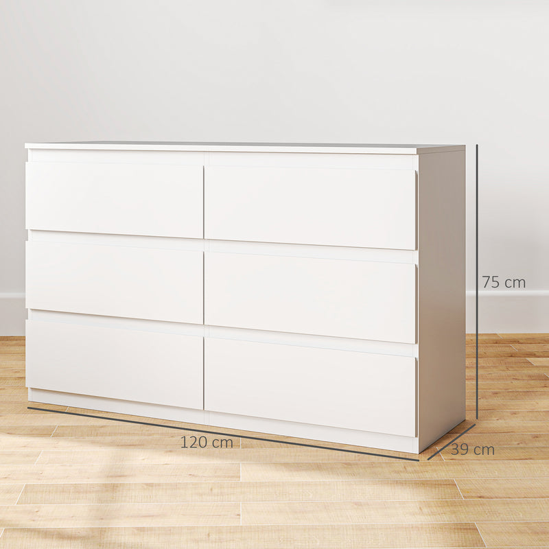 Comò Cassettiera 6 Cassetti 120x39x75 cm con Maniglie a Gola in Legno Bianco   
