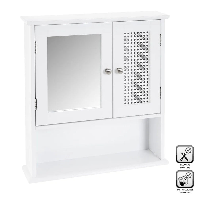 Mobile a Muro da Bagno Pensile con Griglia e Specchio Legno Bianco 56x13x58H cm