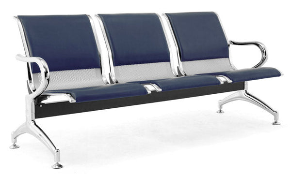 Panca per Sala Attesa 3 Posti da Ufficio con Cuscino in Acciaio e Similpelle Argento/Blu Navy sconto