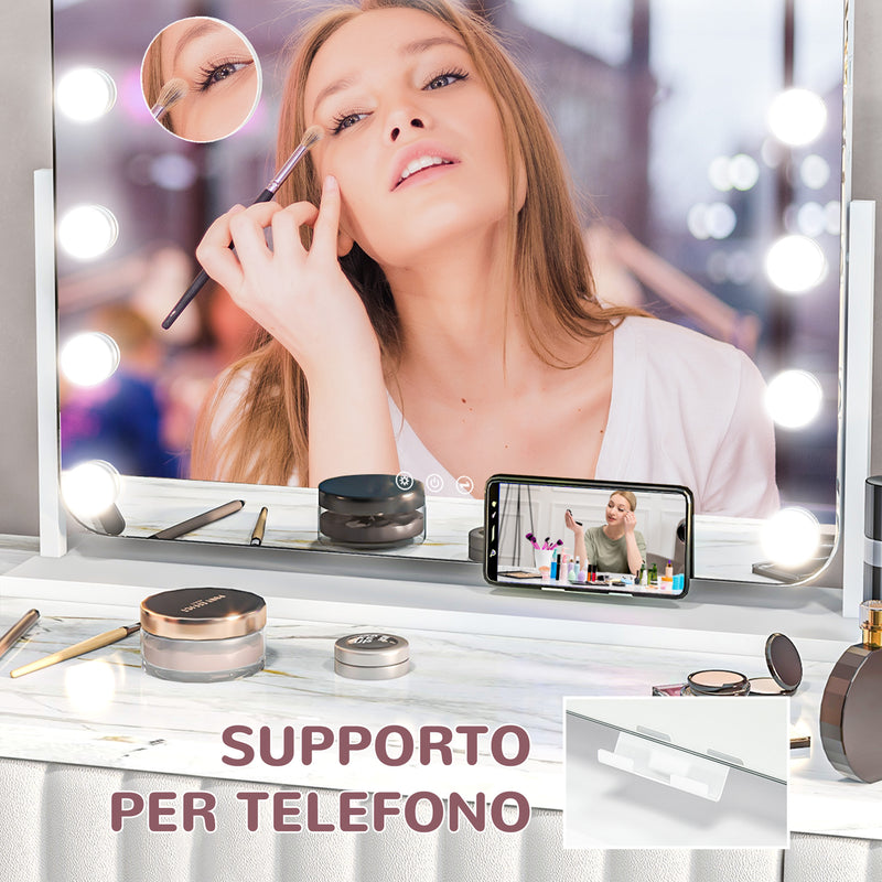 Specchio da Tavolo in Vetro con 14 Luci LED Regolabili e Ricarica USB 62,5x14x49,5 cm  per Trucco Make up Bianco  