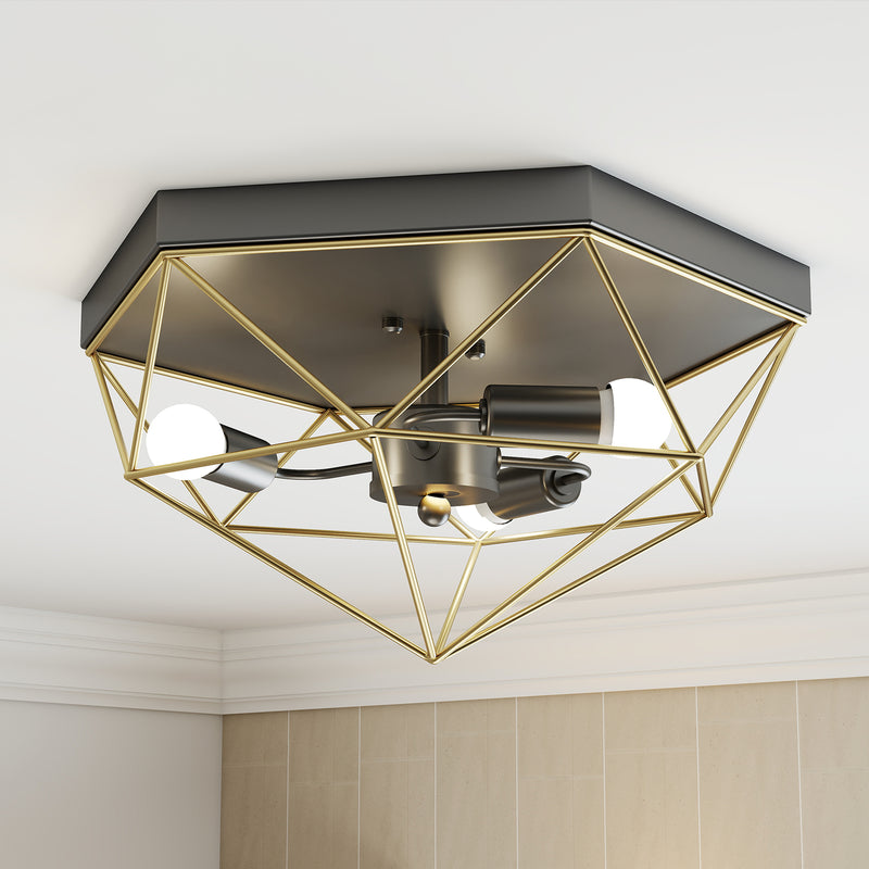 Lampadario Stile Industriale Geometrica con 3 Attacchi E27 per Lampadine LED in Metallo Nero e Oro      