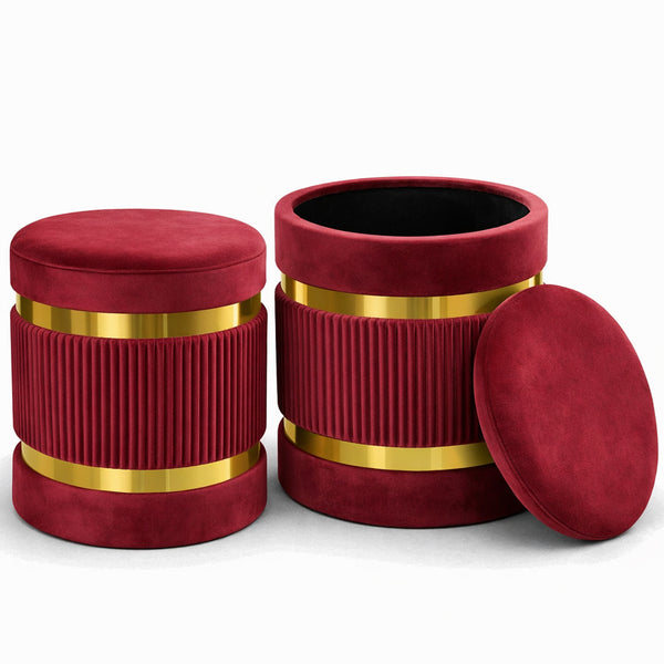 Set 2 Pouf Contenitore Ø 38x44 cm e Ø 31x38 cm con Rivestimento Velluto Bordeaux prezzo