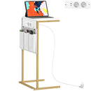 Tavolino da Salotto a Forma di C Piano Effetto Marmo con Prese di Corrente e USB in MDF Bianco  