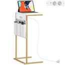 Tavolino da Salotto a Forma di C Piano Effetto Marmo con Prese di Corrente e USB in MDF Bianco  