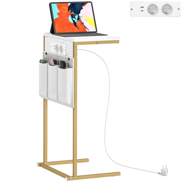 online Tavolino da Salotto a Forma di C Piano Effetto Marmo con Prese di Corrente e USB in MDF Bianco