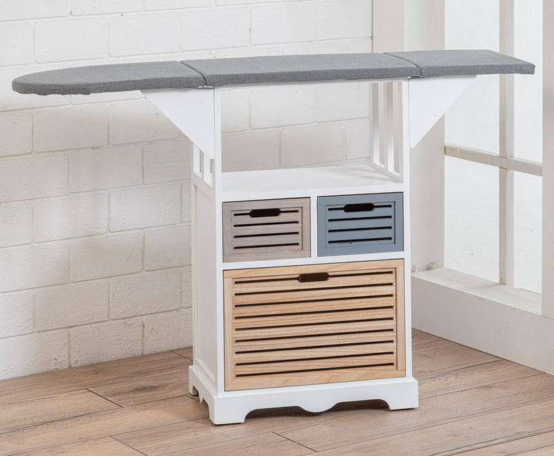 Mobile Asse da Stiro in Legno con 3 Cassetti Colorati 130x34x85 cm Victor Bianco