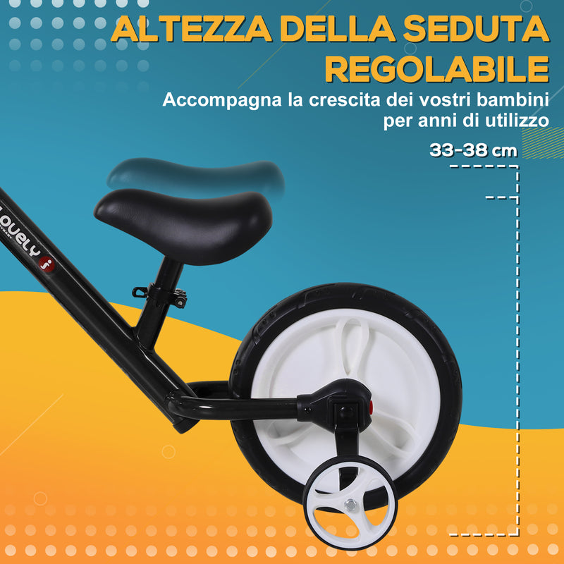 Bicicletta Pedagogica Evolutiva per Bambini da 2-5 Anni Sellino Regolabile in Metallo Nero 