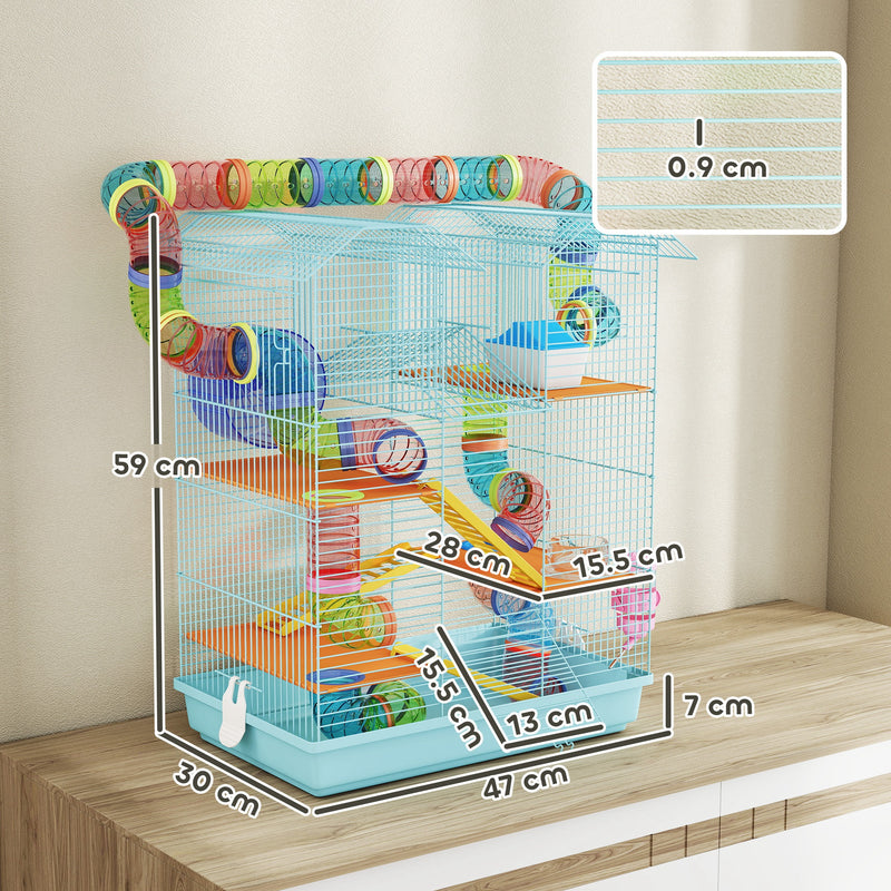 Gabbia per Criceti a 5 Piani 47x30x59 cm con Tubi Colorati e Accessori in Metallo Azzurro  