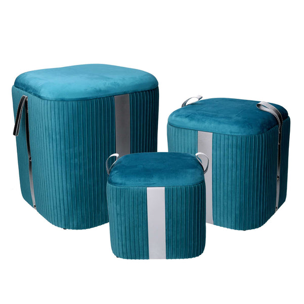Set 3 Pouf Contenitore in Tessuto Velluto Turchese acquista