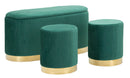 Panca con Contenitore e Sgabelli Shopy Verde Set 3 Pz 80x37x42 cm - Ø29x35 cm in Ferro e MDF e Spugna e Poliestere Verde e Oro      